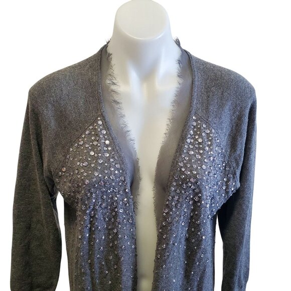Halogen XL Gray Jem Beaded Open-Front Cardigan Sweater Pockets Wool Blend - Picture 2 of 14